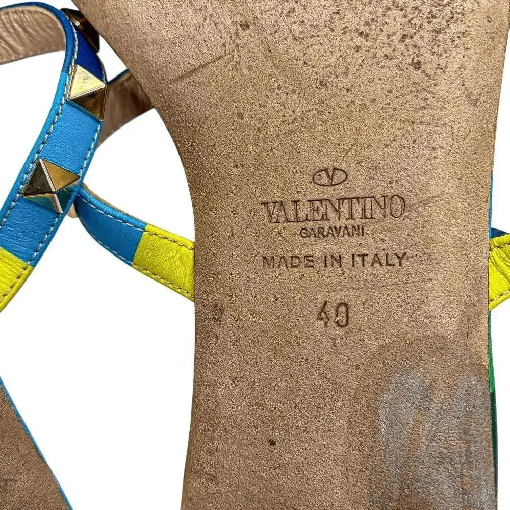 Valentino Multicolor Rockstud Gladiator Rainbow Leather Flat Caged Sandals EU 40